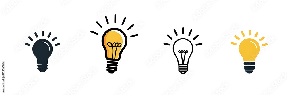 Naklejka premium Minimalist light bulb icons set, creative idea symbols in flat style, yellow and black glowing lamps for business innovation