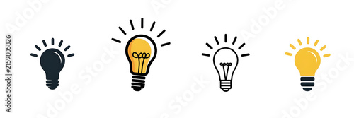 Minimalist light bulb icons set, creative idea symbols in flat style, yellow and black glowing lamps for business innovation