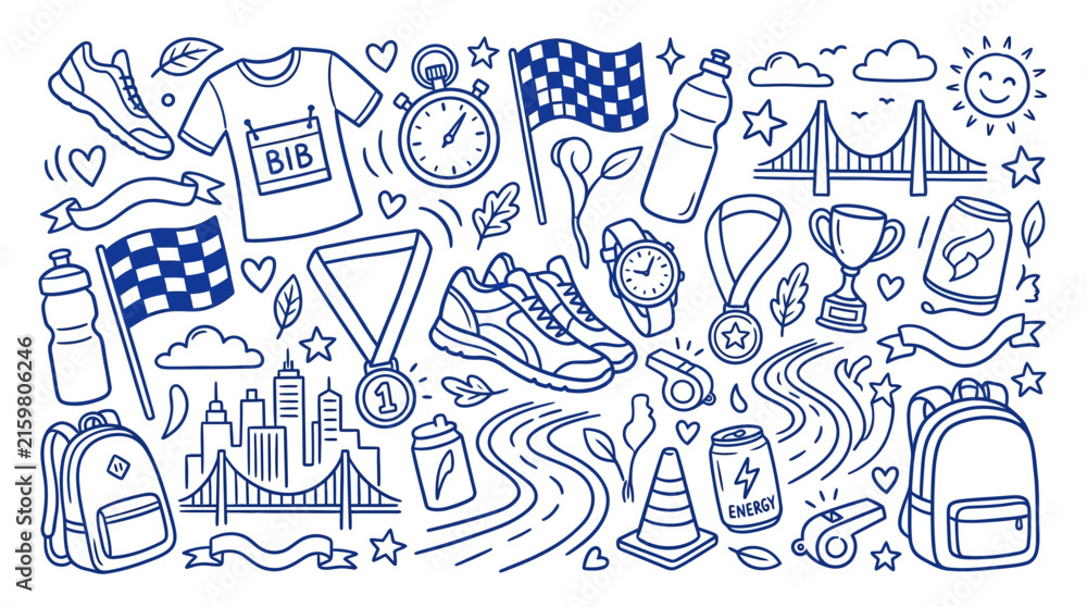 Fototapeta premium Collection of hand-drawn doodles representing running and marathon elements, including cityscape and bridges.