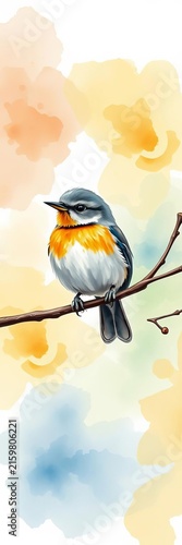 Whimsical watercolor illustration of a tiny bird on a branch surrounded by soft colors, flora, greenery