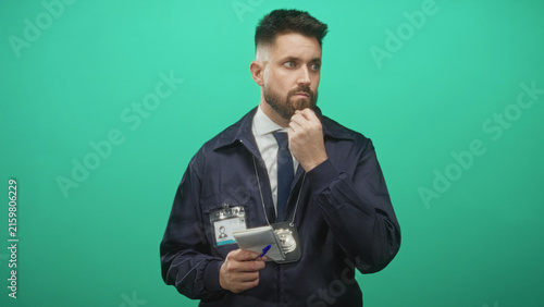 Bild auf Leinwand Man police detective with badge and notepad points index finger toward camera while holding pen and writing notes in studio; serious investigation
