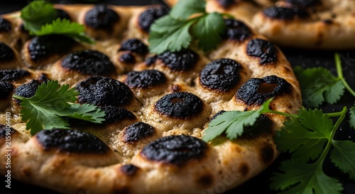 Close-up of freshly baked flatbread topped with herbs and spices.