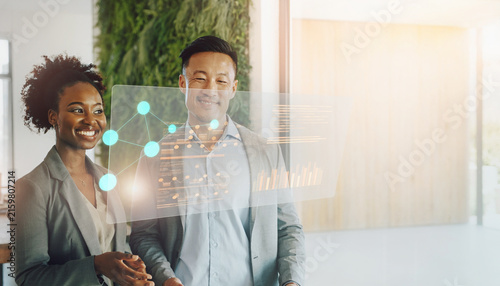 Vertical Banner of Diverse Professionals Interacting with AI Agent in Modern Office