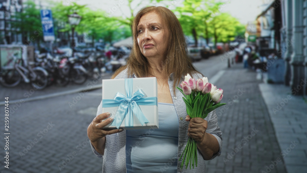Fototapeta premium Senior hispanic woman holding a gift box with blue ribbon and tulip bouquet, frowning on street; lonely disappointment.
