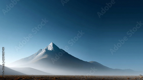 Mountain mist minimal minimalist landscape peak snow sky frame calm alpine scene with blue horizon and sparse terrain