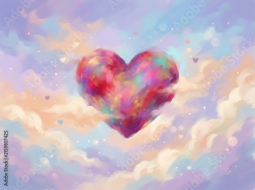 A vibrant impressionistic heart in a soft pastel cloudscape with sparkling lights represents love and dreams.