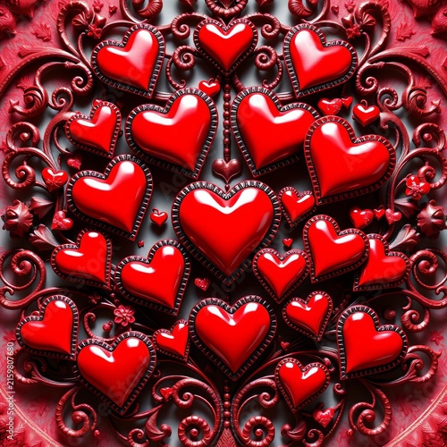 Valentine's day decoration featuring a cluster of red hearts in various shapes and sizes, surrounded by intricate details, romance, designs