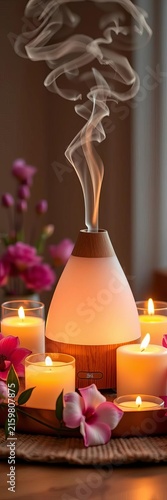 Soothing aromatherapy diffuser surrounded by candles, wellness, stress relief