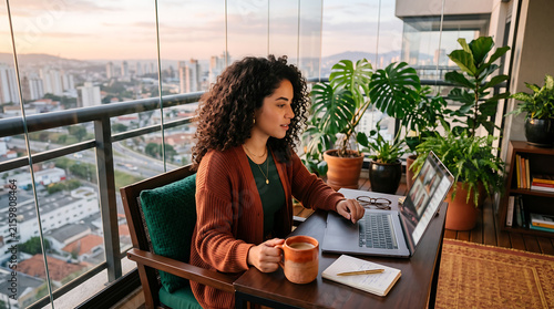 Curly-haired woman writing notes on a balcony with laptop and plants overlooking city skyline at sunset photo.