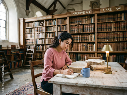 Young woman with curly hair writing at a wooden desk surrounded by vintage bookshelves in a warm, historic library photo.