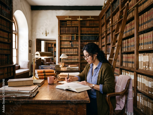 Young woman with curly hair writing at a wooden desk surrounded by vintage bookshelves in a warm, historic library photo.