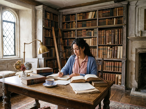 Young woman with curly hair writing at a wooden desk surrounded by vintage bookshelves in a warm, historic library photo.