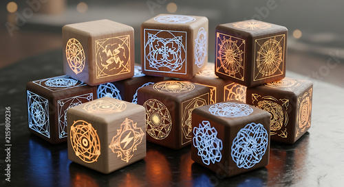 Colorful dice stacked on wooden surface