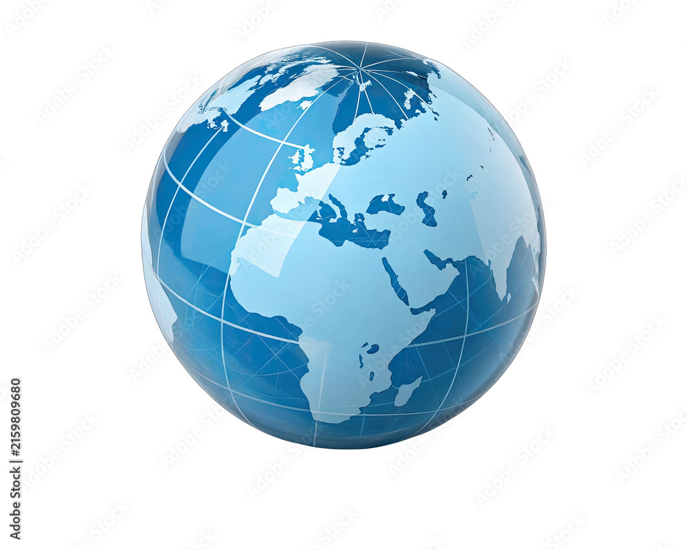 Fototapeta premium Glossy Blue Earth Globe with Global Network Lines and World Map