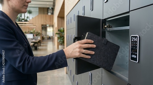 Professional woman using secure digital locker for hybrid office storage and organization.