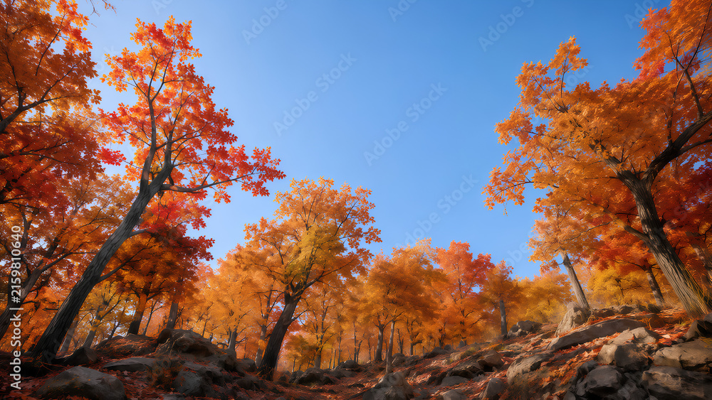 Fototapeta premium Vibrant autumn forest landscape with rocky terrain and clear blue sky