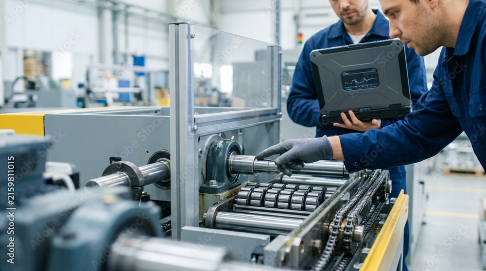 Fototapeta premium Engineers inspect industrial machinery with tablet, modern factory, teamwork, technology
