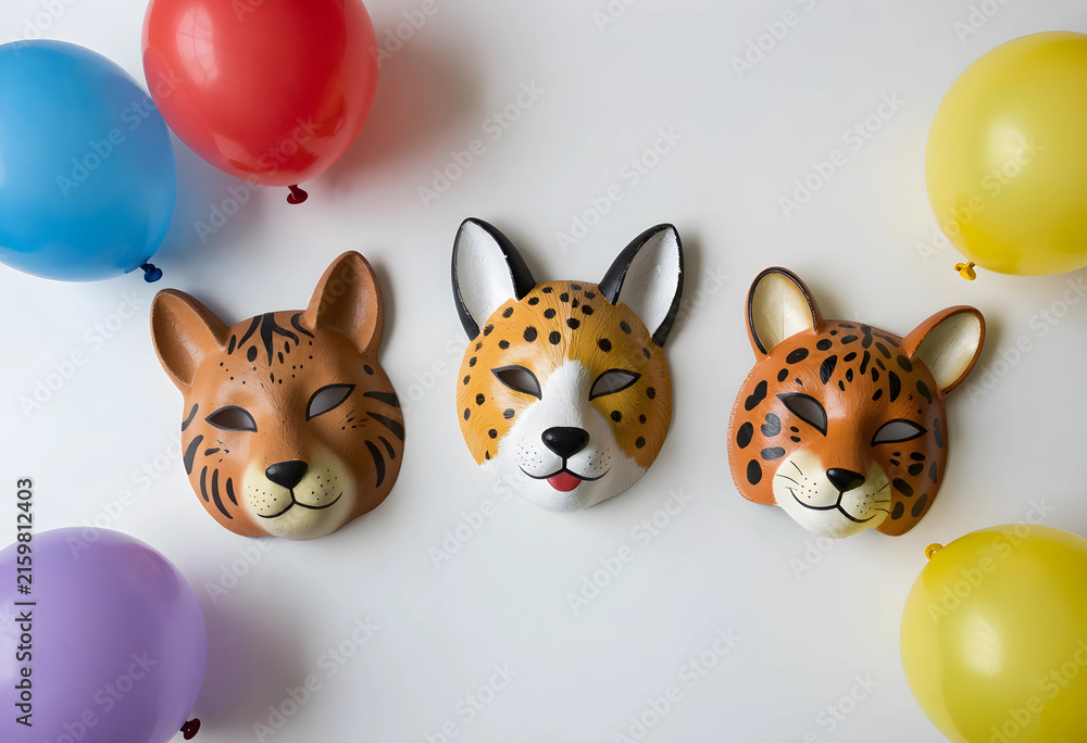 Naklejka premium Childrens party and celebration concept, three animal masks with colorful balloons on a white background for birthdays