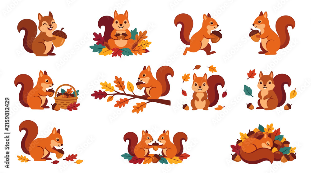 Fototapeta premium Cute Squirrels with Autumn Leaves and Acorns Vector Collection