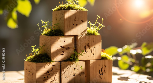 Small plant growing on stacked bricks in sunlight