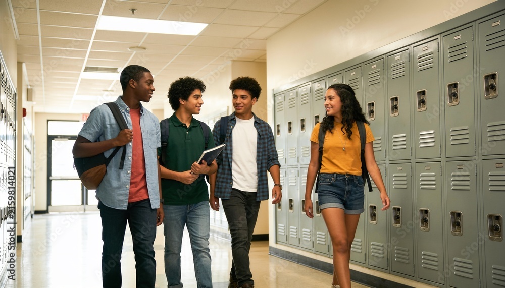 Fototapeta premium Walking four teens chatting and carrying backpacks down school hall in sneakers with gray lockers