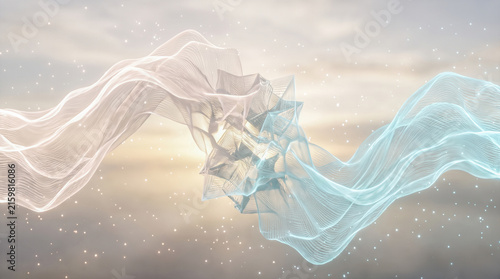 Abstract glowing digital wireframe fabric meshes colliding together blending warm golden light with cool blue tones across sparkling dusty cosmic background