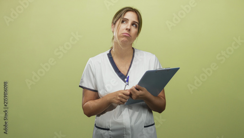 Quadro su tela Woman nurse holding a clipboard and pen, tilting head back with eyes closed while checking notes in studio; fatigue routine paperwork
