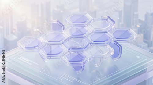 Transparent purple hexagonal zero trust security shields connecting together hovering above digital glass platform against blurred metropolitan city skyline background environment