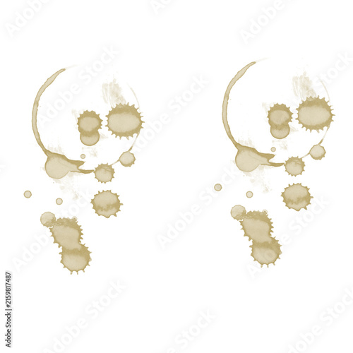 Coffee cup ring with splash stains on white background, spilled coffee drip brush


