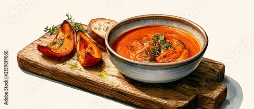 Delightful savory soup paired with warm bread and fresh herbs