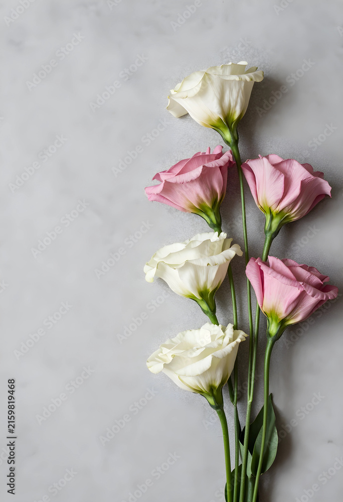 Obraz premium Floral background with pink and white eustoma flowers, delicate bloom and natural beauty, copy space for text
