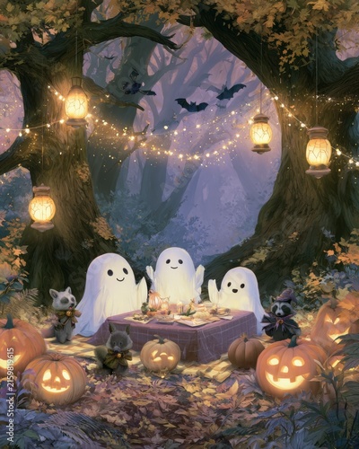 Whimsical gathering of cute ghosts celebrating Halloween in a magical forest