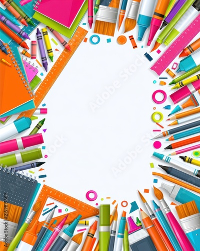 Bright and colorful educational poster filled with art supplies and stationery