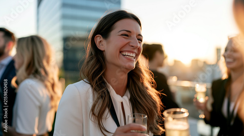 Woman laughing joyfully holding drink glass at rooftop party, colleagues celebrating together, sunset city skyline, corporate social gathering lifestyle mood.