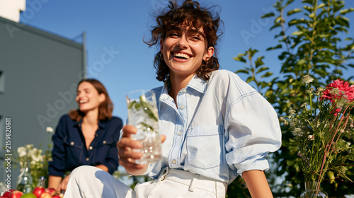 Woman laughing holding botanical sparkling drink outdoor terrace summer blue sky flower fruit, friend casual lifestyle celebration, authentic joy sober nonalcoholic festive elegant.