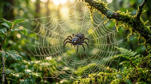 Mechanical robotic spider resting centered within intricate dew covered web suspended amidst lush green forest foliage with sunlit forest environment glowing eyes positioned positioned center macro