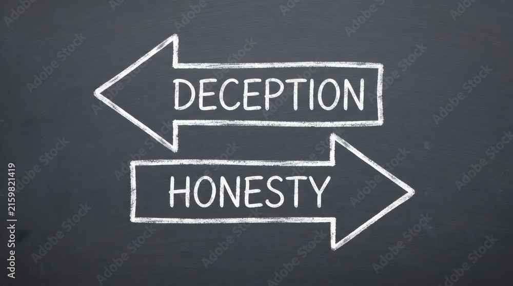 Fototapeta premium Deception vs Honesty Hand Drawn Chalk Arrow Signs Graphic on Dark Slate Blackboard Surface