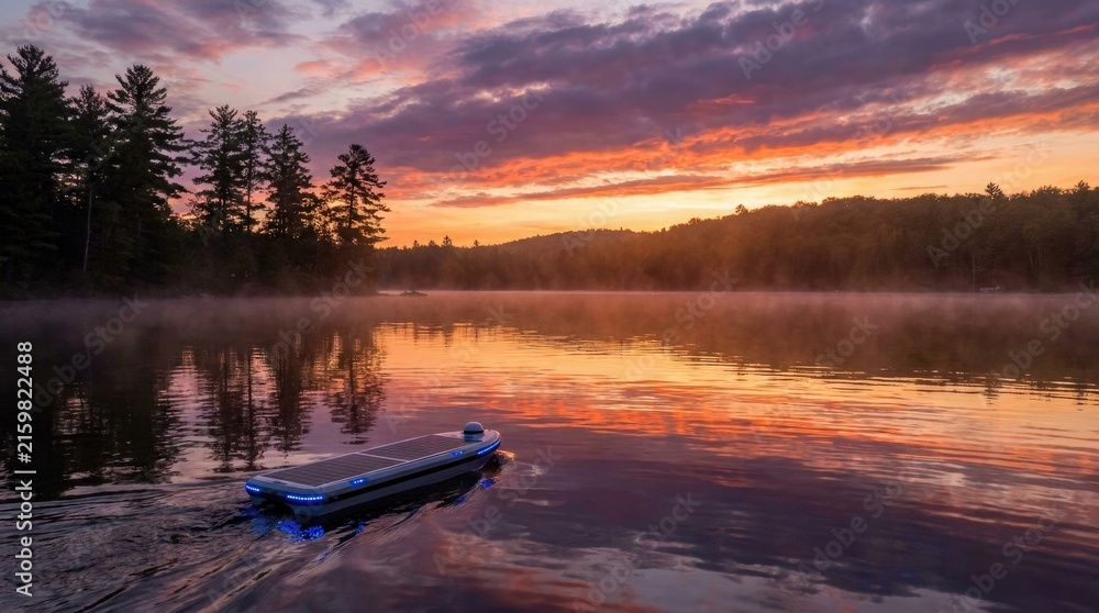 Naklejka premium Autonomous solar powered research vessel navigating misty lake waters during a vibrant golden hour sunset with mist covered lake under dramatic vessel moving across colorful sunset sky exploration