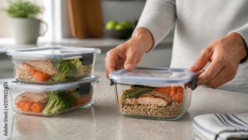 Person preparing healthy lifestyle lunches at home closes glass meal prep containers filled with grilled chicken breast quinoa broccoli and sweet potato on a sunny kitchen counter