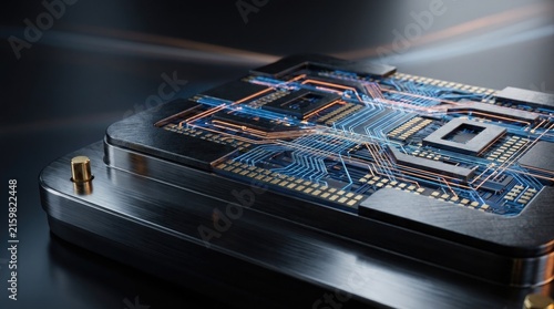 Futuristic processor unit featuring glowing circuitry pathways integrated into high performance computing hardware electronic component architecture with dark metallic background pathways set