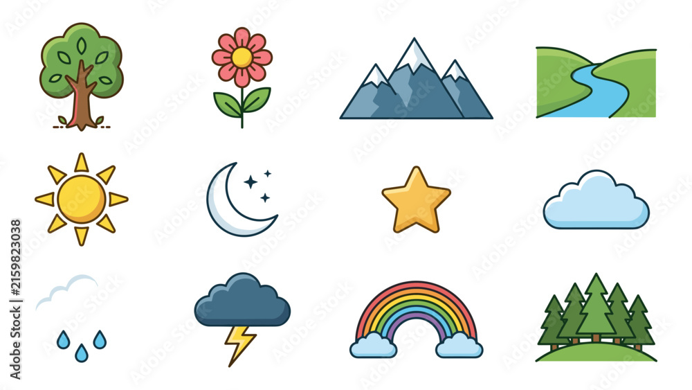 Fototapeta premium Pixel Art Icons Of Nature Elements And Weather Symbols