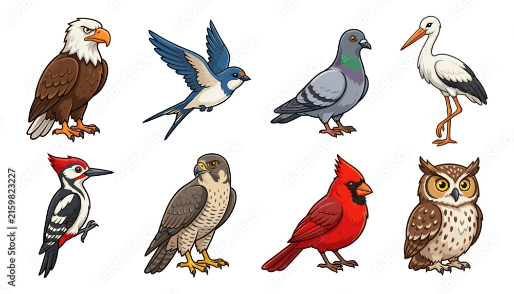 Obraz premium Cartoon Bird Vector Icon Set Featuring Eagle Swallow Pigeon Stork Woodpecker Falcon Cardinal and Owl Illustrations for Kids Educational Graphic Designs