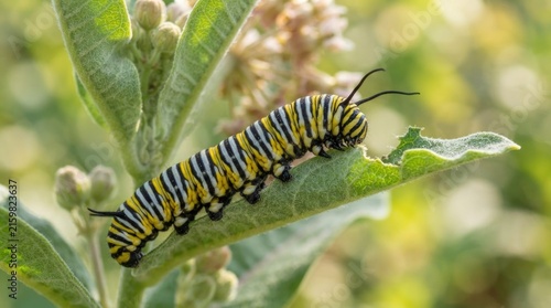 Striped monarch caterpillar consuming green leaf surface within sunny garden environment during summer season close with caterpillar feeding textured displays vibrant yellow soft natural sunlight