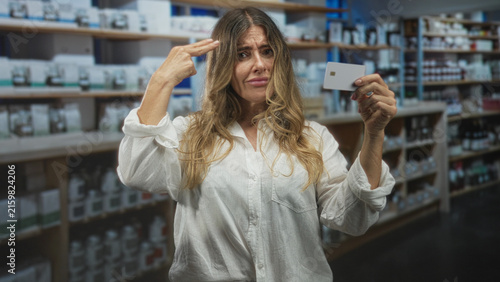 Obraz na plátně Woman holding creditcard in hand with chin lifted and finger gesture, standing before pharmacy shelves stocked with bottles and boxes; defiance