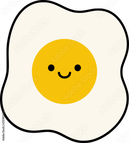 Kawaii smiling fried egg vector icon with bold black outline isolated on transparent background.