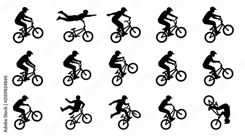 Fototapeta premium BMX biking and stunt silhouettes set vector illustration