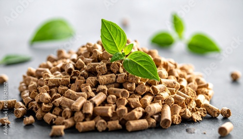 Wood Pellets with Fresh Green Basil Leaves on Dark Surface.