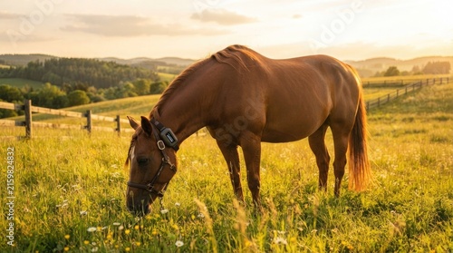 Brown horse wearing tracking collar grazing peacefully within golden hour pasture under warm sunset light with serene meadow during while grazing tall captures brown agriculture countryside field