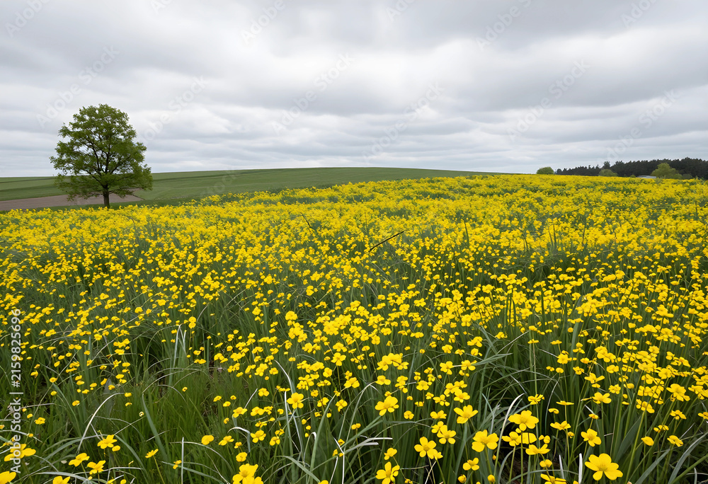 Obraz premium Spring landscape with vibrant yellow buttercup flowers in a vast field, nature and environmental beauty, rural countryside scene
