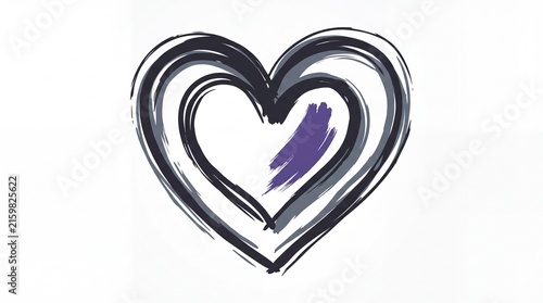 Abstract purple brushstroke heart with hollow void center, grief bereavement emotional loss and mourning heart symbol graphic illustration isolated on white